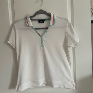 Lily White Polo with Mint & Coral Stripe Trim